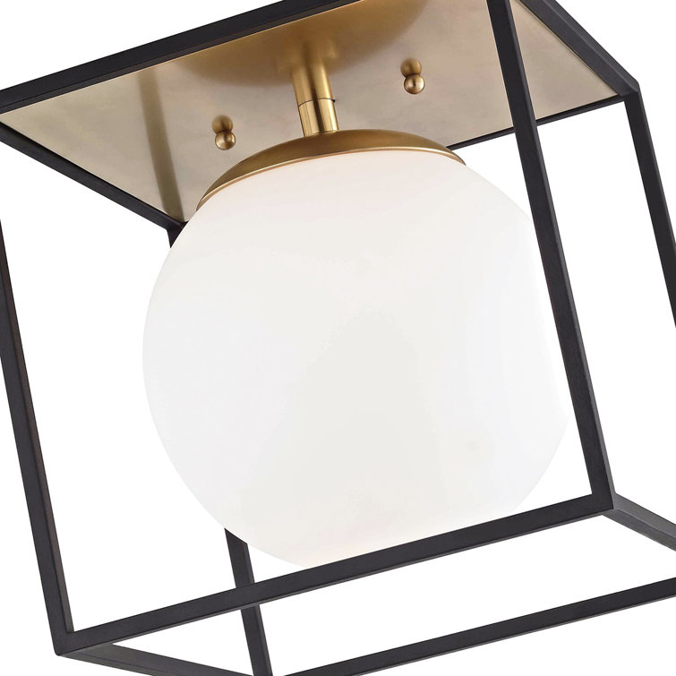 Aged Brass and Black Glass Globe Flush Mount Light