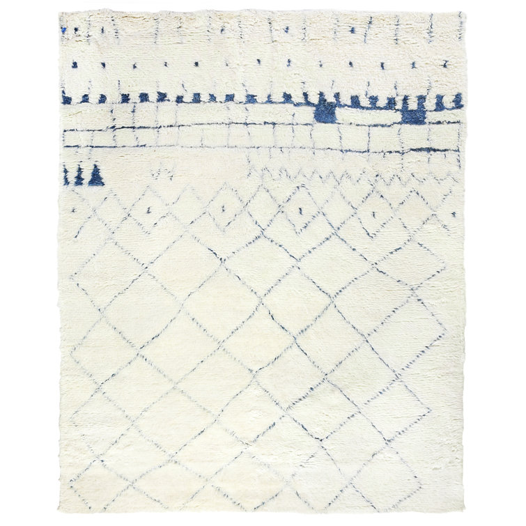 Ivory and Blue Hand-Knotted Wool Geometric Rug, 9' x 12'