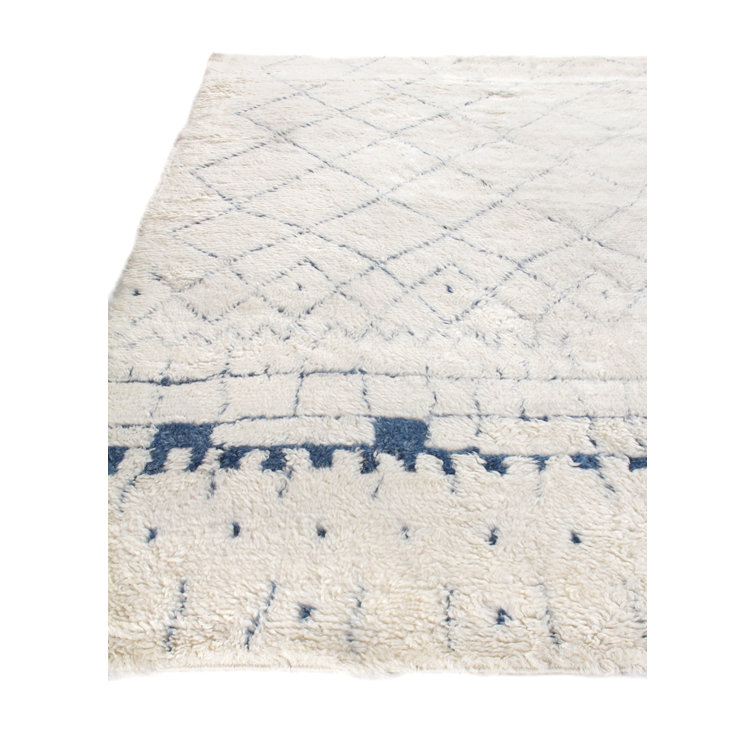Bohemian Blue Geometric Hand-Knotted Wool & Cotton Rug, 10' x 14'