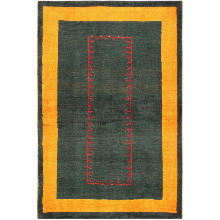 Hand-Knotted Dark Green and Yellow Wool Area Rug
