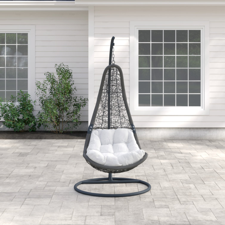 Gray White Wicker Rattan Outdoor Hanging Chair with Cushions