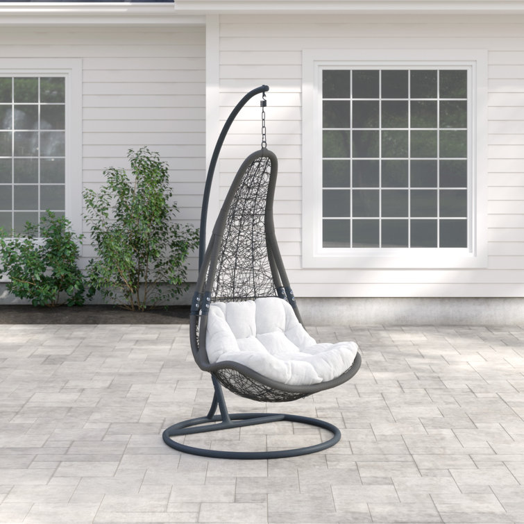 Gray White Wicker Rattan Outdoor Hanging Chair with Cushions