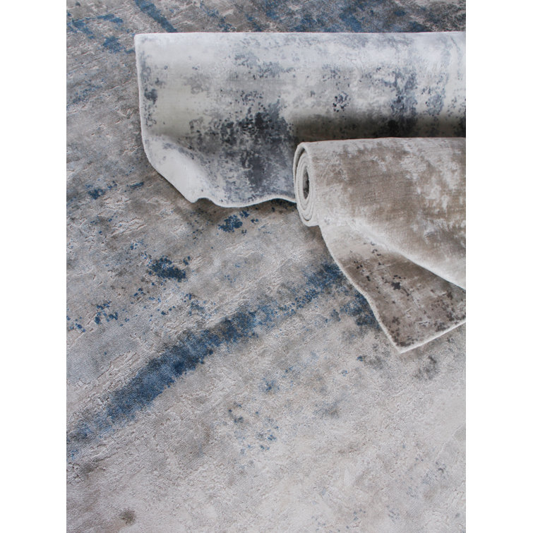 Handmade 9' x 12' Silver Gray Ivory Abstract Viscose Cotton Rug