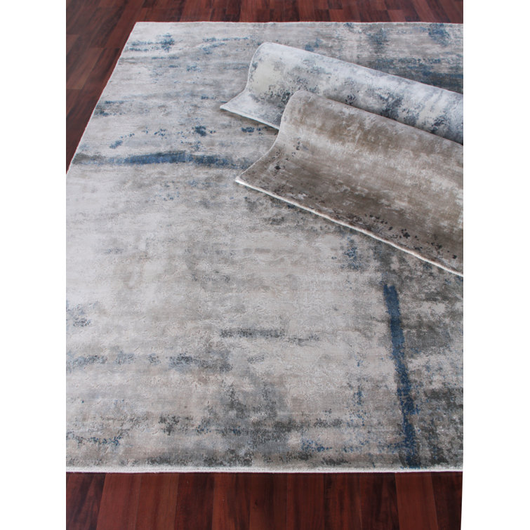 Handmade 9' x 12' Silver Gray Ivory Abstract Viscose Cotton Rug
