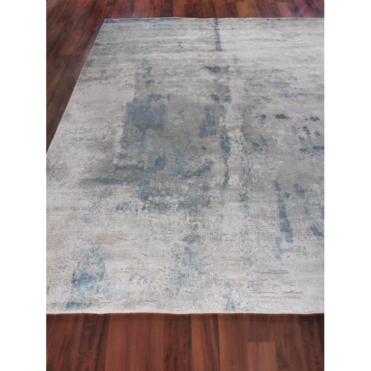 Handmade 10' x 14' Blue Abstract Viscose Cotton Rug