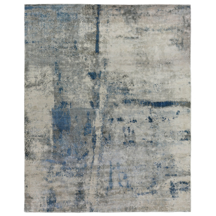 Elysian Hues Abstract Handcrafted 9' x 12' Gray/Blue Viscose Rug