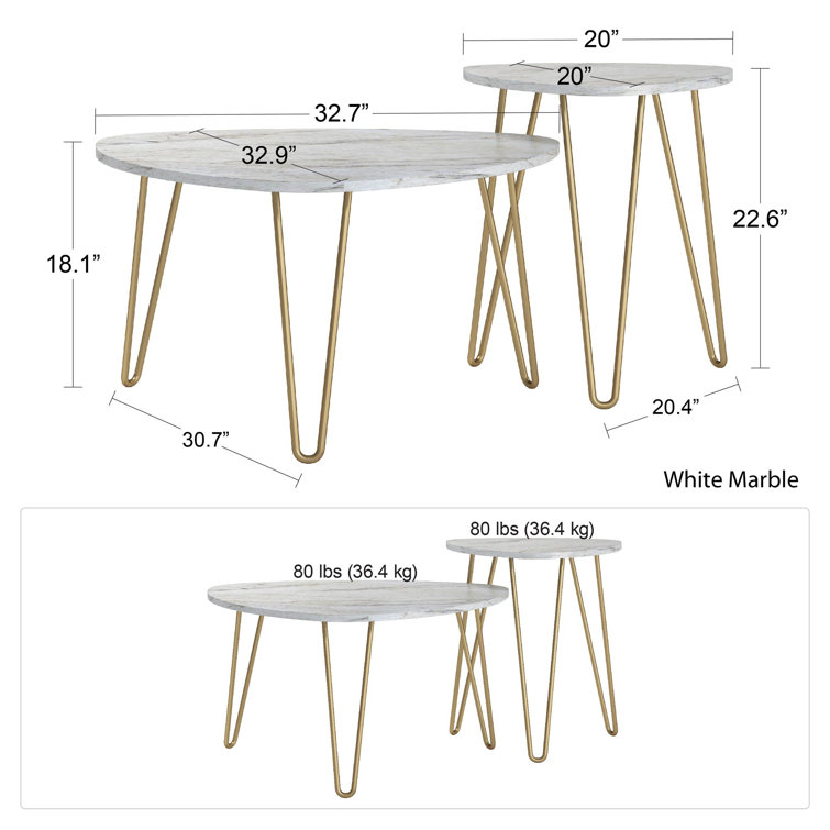 Athena White Marble and Gold Metal Hairpin Nesting Tables