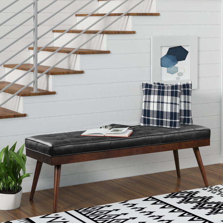 Luca Onyx Black Full-Grain Leather Bench with Mahogany Legs