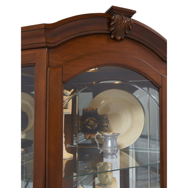 Warm Cherry Brown Lighted Corner Curio Cabinet with Glass Shelves