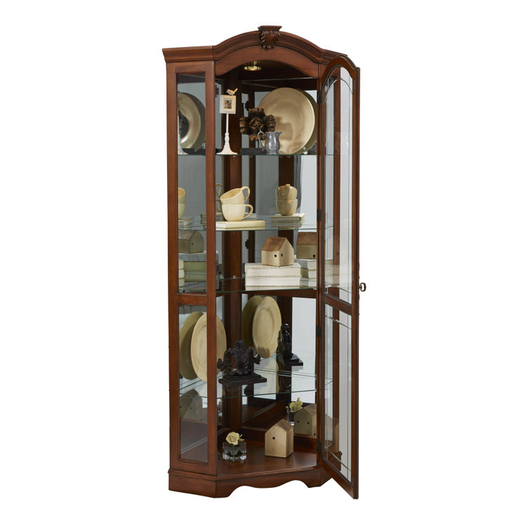Warm Cherry Brown Lighted Corner Curio Cabinet with Glass Shelves