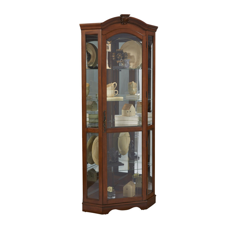 Warm Cherry Brown Lighted Corner Curio Cabinet with Glass Shelves