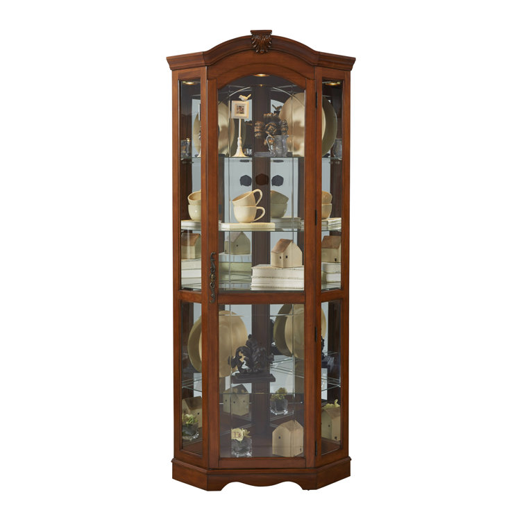 Warm Cherry Brown Lighted Corner Curio Cabinet with Glass Shelves