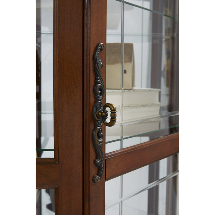 Warm Cherry Brown Lighted Corner Curio Cabinet with Glass Shelves