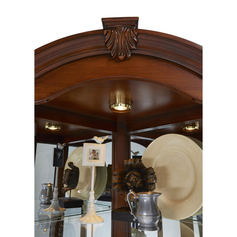 Warm Cherry Brown Lighted Corner Curio Cabinet with Glass Shelves