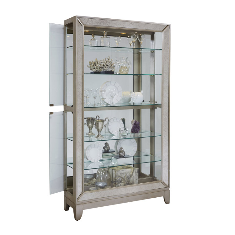 Aged Silver Lighted 5-Shelf Curio Cabinet with Poplar Wood Legs