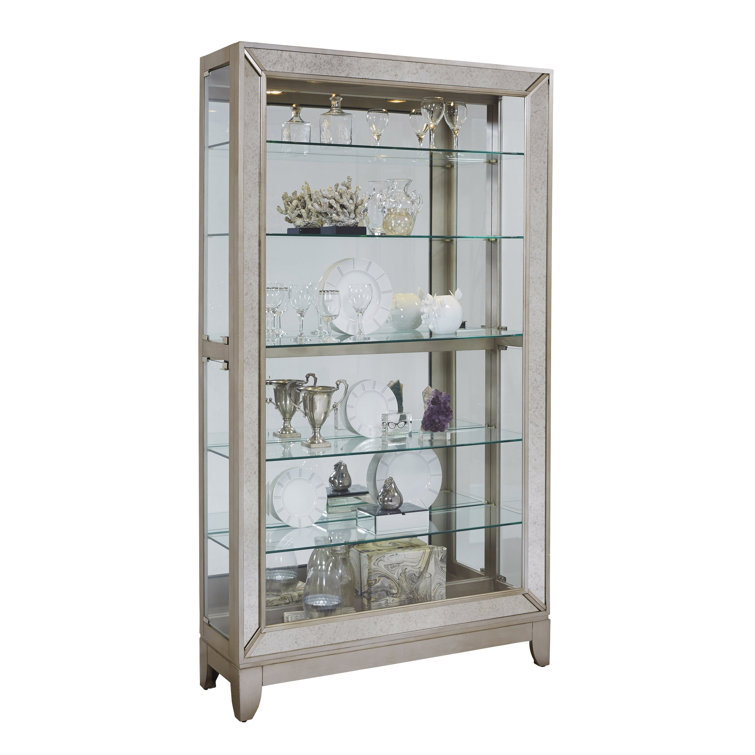 Aged Silver Lighted 5-Shelf Curio Cabinet with Poplar Wood Legs