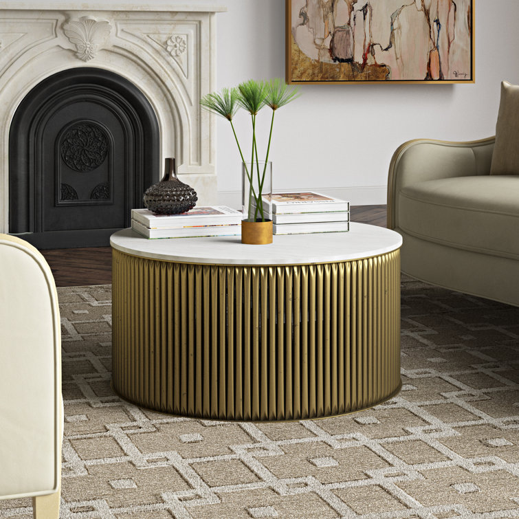 Lenox 36" Round Antique Brass Metal and Marble Coffee Table