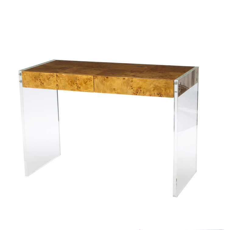 Burled Mappa Wood Desk with Acrylic Legs and Drawer