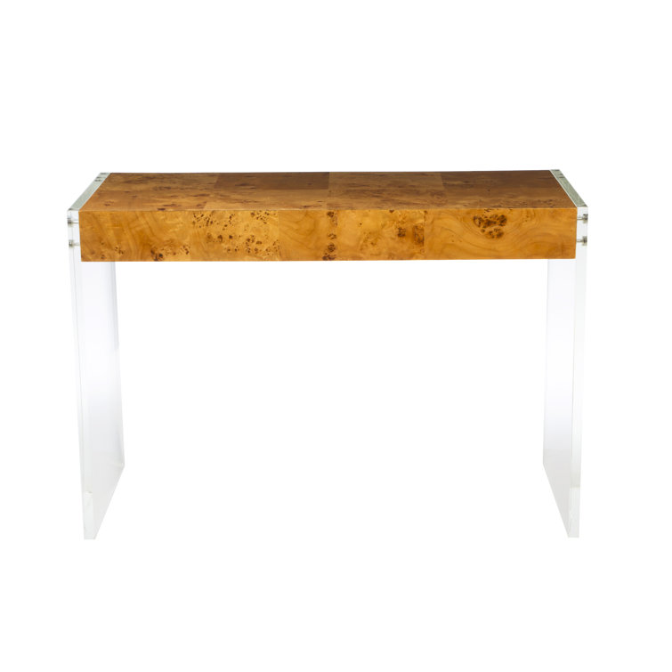 Burled Mappa Wood Desk with Acrylic Legs and Drawer
