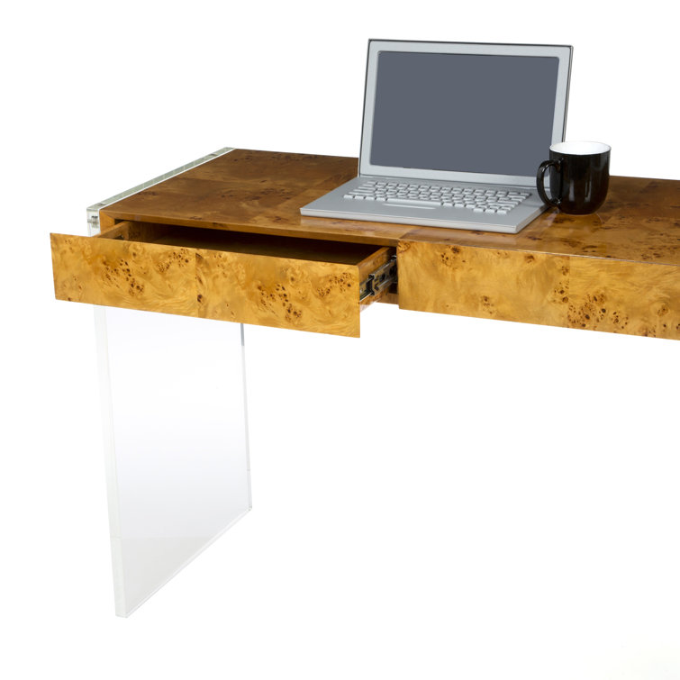 Burled Mappa Wood Desk with Acrylic Legs and Drawer