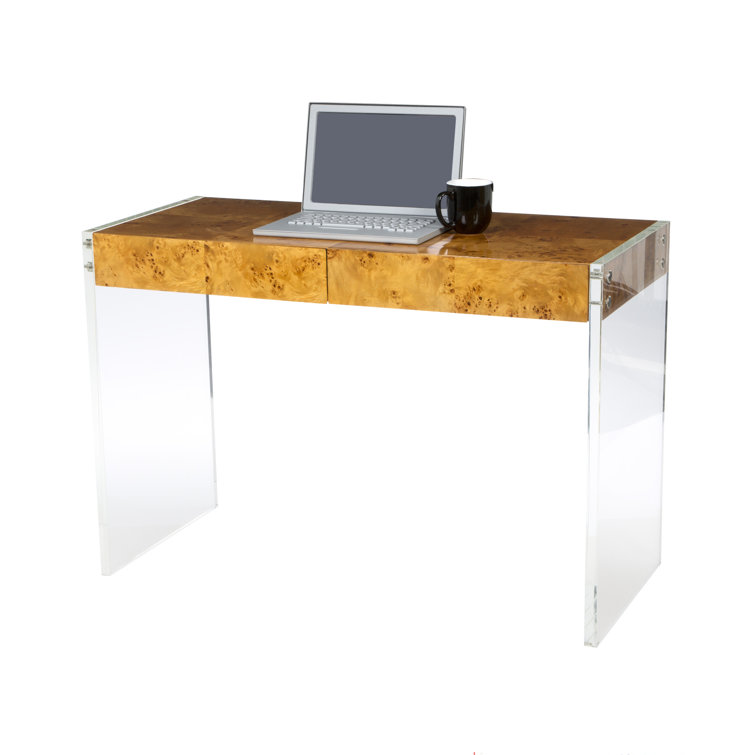 Burled Mappa Wood Desk with Acrylic Legs and Drawer