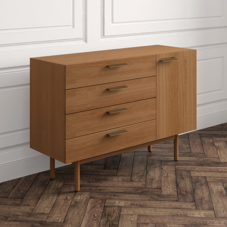 Shale Walnut 4-Drawer/1-Door Credenza Sideboard with Leather Pulls