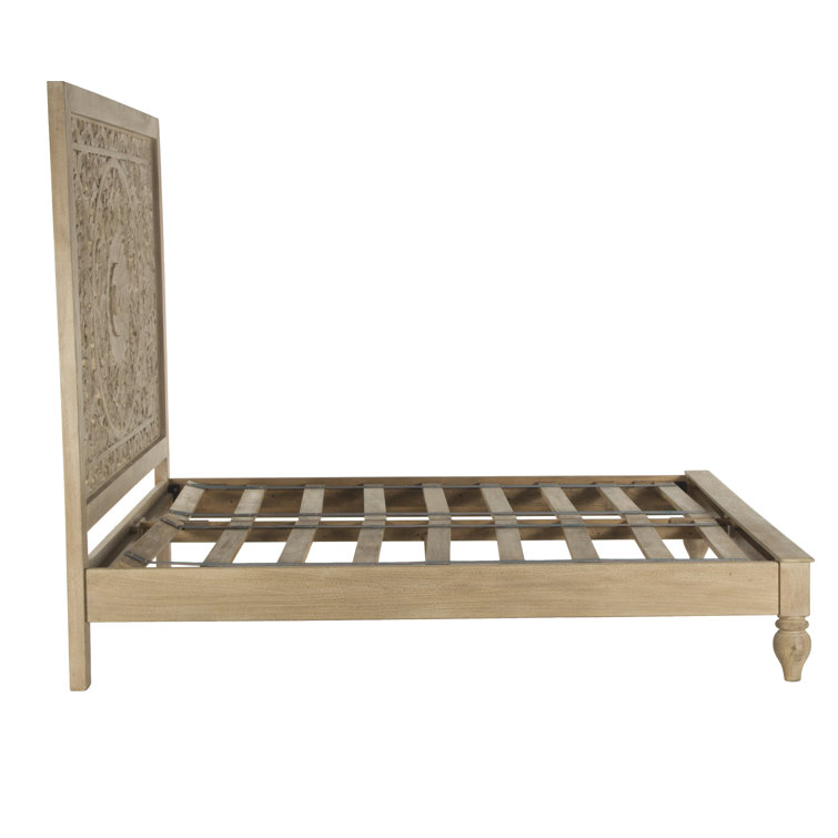 Elegant Floral Carved King Platform Bed in Light Brown