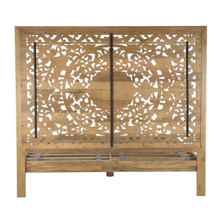 Elegant Floral Carved King Platform Bed in Light Brown