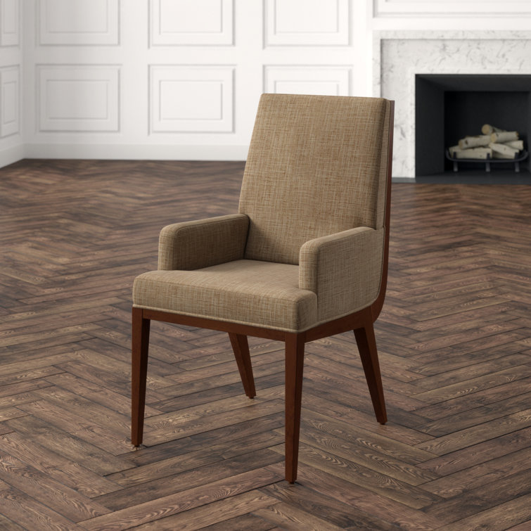 Elegant Taupe Linen Upholstered Arm Chair with Hazelnut Wood Finish