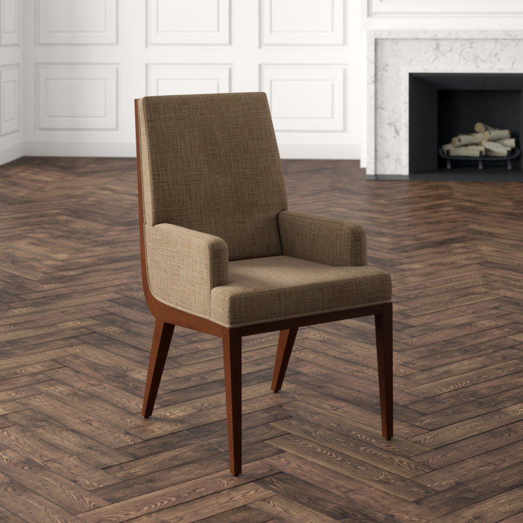 Elegant Taupe Linen Upholstered Arm Chair with Hazelnut Wood Finish