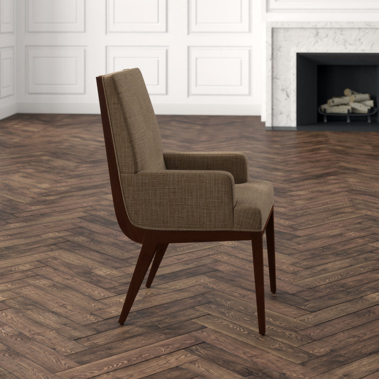 Elegant Taupe Linen Upholstered Arm Chair with Hazelnut Wood Finish