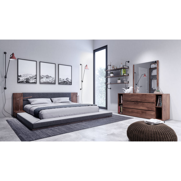 Walnut Queen Bedroom Set with Gray Upholstered Headboard