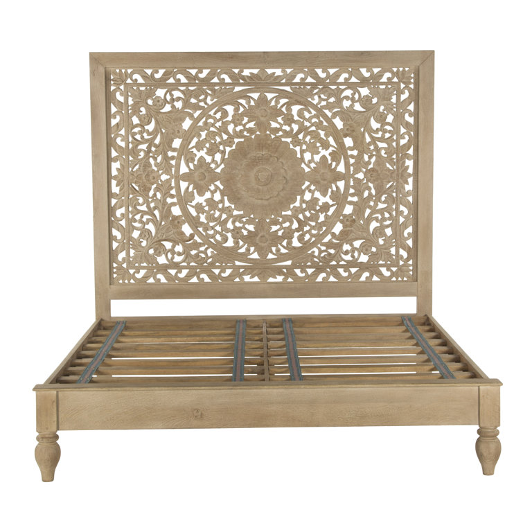 Elegant Floral Carved King Platform Bed in Light Brown