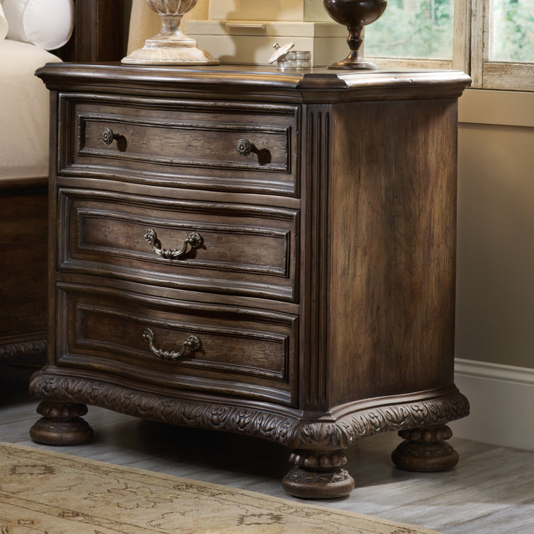 Traditional Walnut 3-Drawer Nightstand with Carved Details