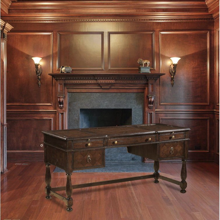 Traditional Antique Brown Home Office Desk with 5 Drawers