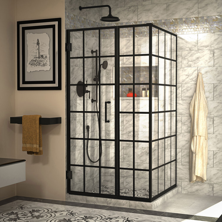 Toulon Black Frameless Hinged Shower Enclosure with Clear Glass