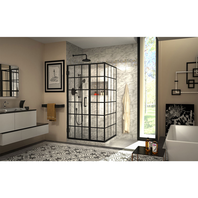 Toulon Black Frameless Hinged Shower Enclosure with Clear Glass