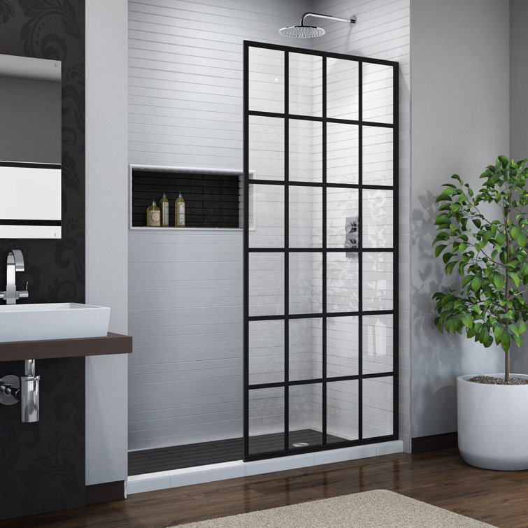 French Linea 34" Black Frameless Shower Door with Frosted Glass