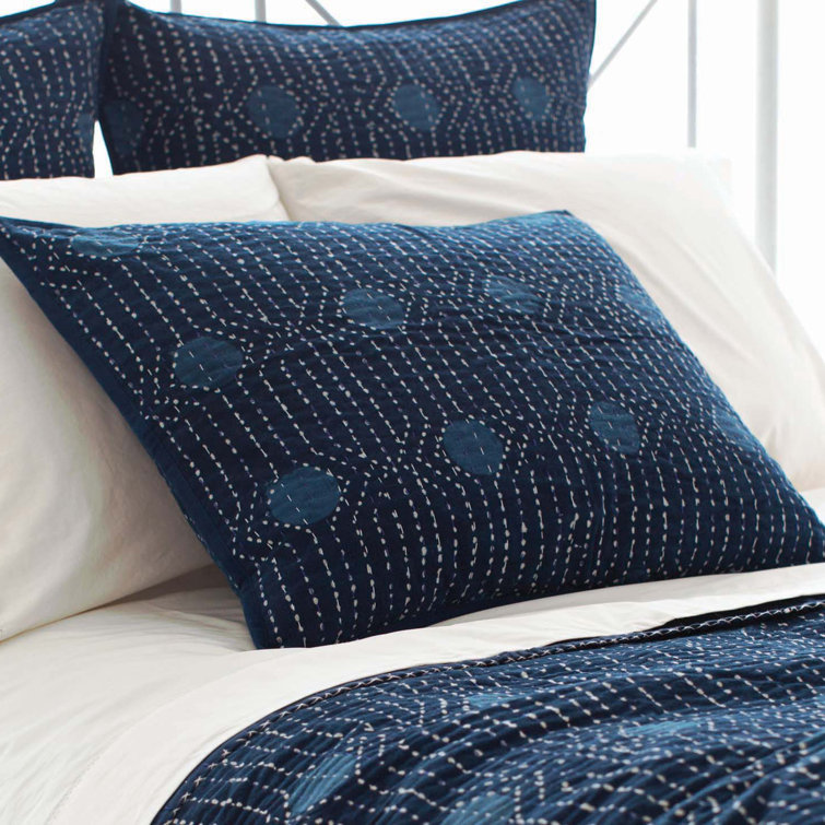 Indigo Cotton Standard Sham with Kantha Stitching