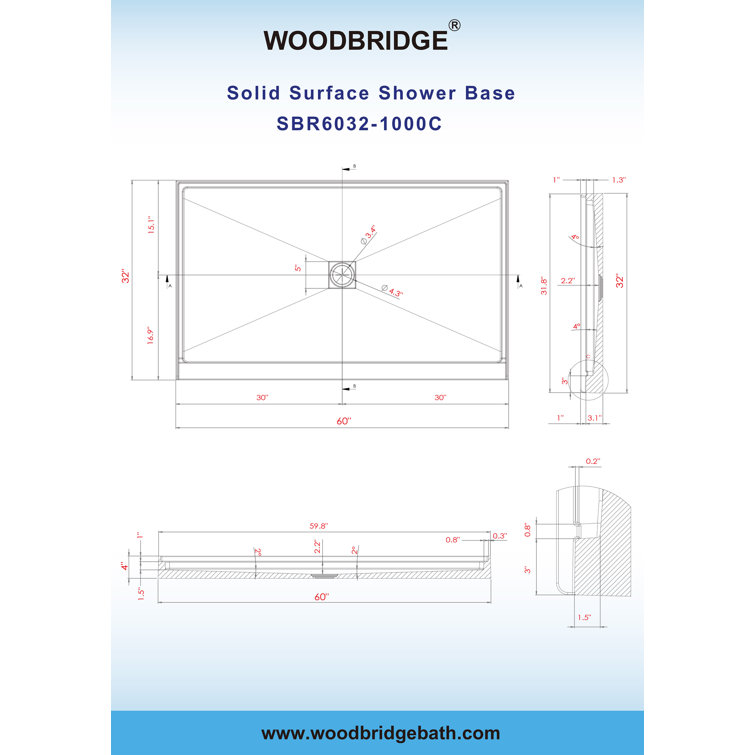 60" x 32" White Solid Surface Alcove Shower Pan Base with Left Drain