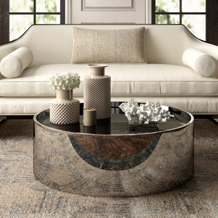 Round Stainless Steel and Smoked Mirror Cocktail Table