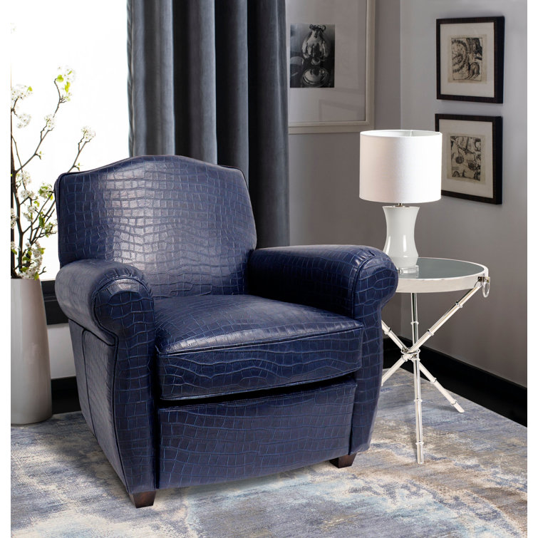 Navy Blue Crocodile Embossed Leather Wingback Chair with Dark Brown Legs