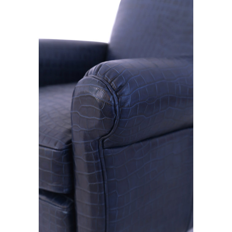 Navy Blue Crocodile Embossed Leather Wingback Chair with Dark Brown Legs