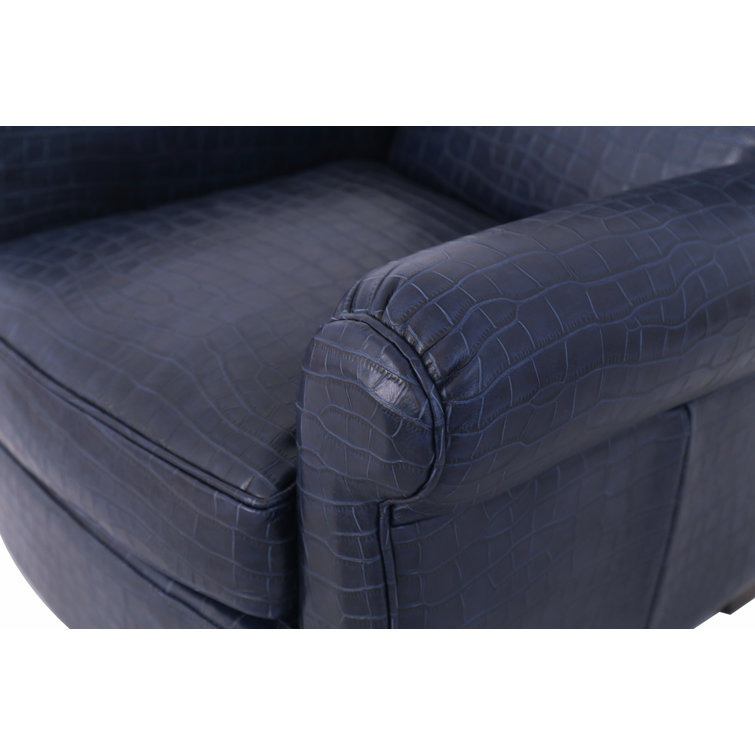 Navy Blue Crocodile Embossed Leather Wingback Chair with Dark Brown Legs