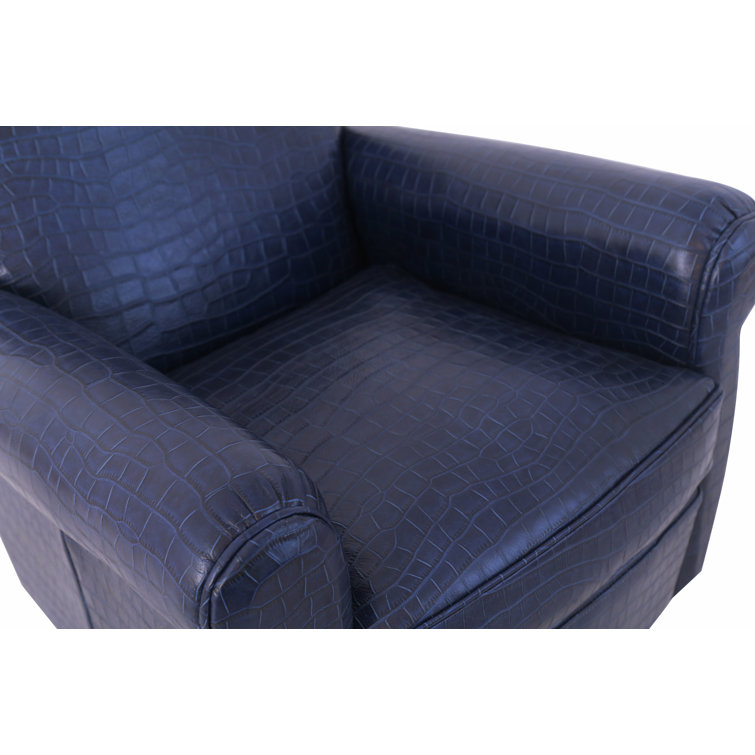 Navy Blue Crocodile Embossed Leather Wingback Chair with Dark Brown Legs