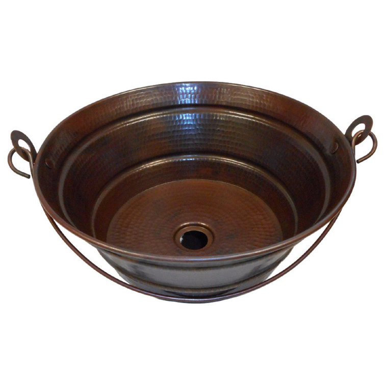 15" Round Aged Copper Bucket Vessel Sink with Handles