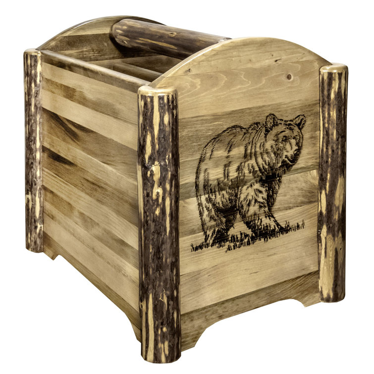 Rustic Brown Wood Magazine Rack with Bear Design