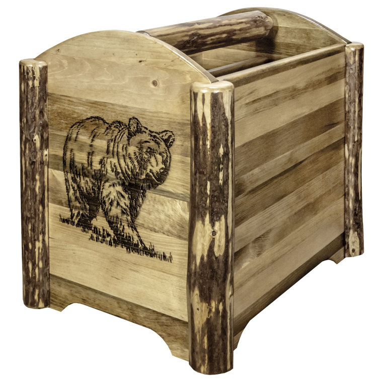 Rustic Brown Wood Magazine Rack with Bear Design