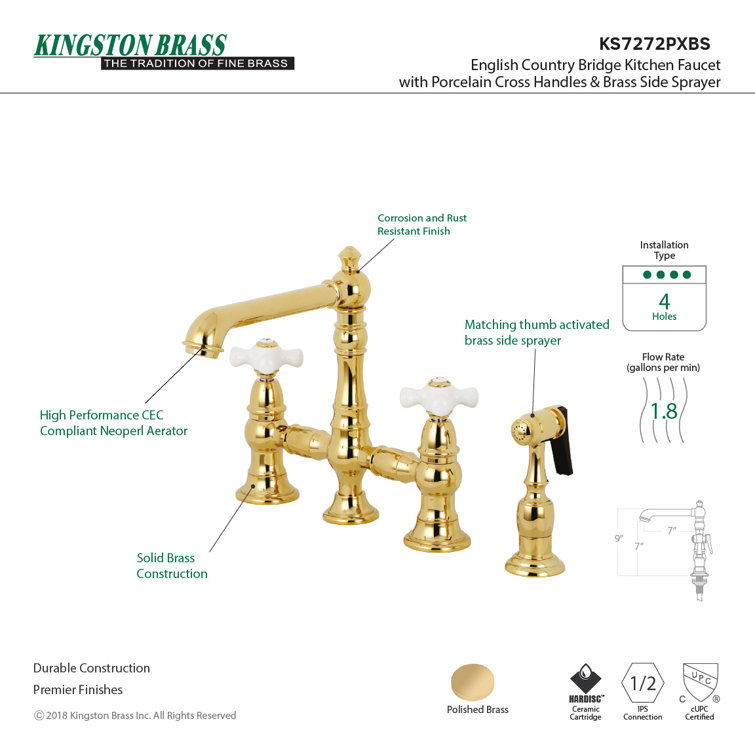 Polished Brass Victorian Bridge Kitchen Faucet with Side Sprayer