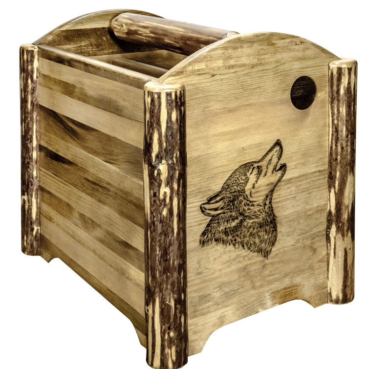 Rustic Pine Magazine Rack with Wolf Engraving